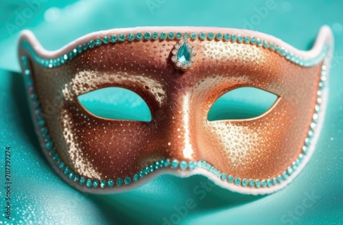 Peach fuzz Bright Carnival Eye Mask on Bright mint Background.