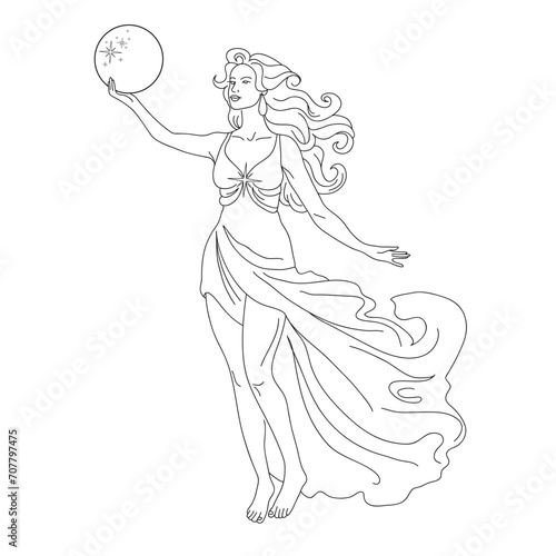 A beautiful woman in a long dress with long hair holds the moon in her hand. Magic concept. Line art.