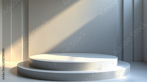 3d rendering of a white podium in an empty room with a concrete wall. Award ceremony concept.