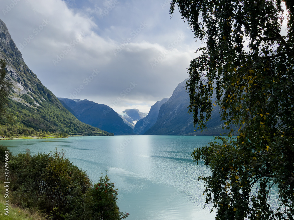 Fotografie Autumn landscape in Lovatnet lake valley in south Norway, Europe