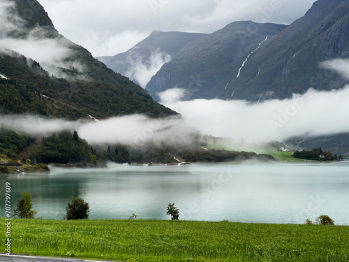 Autumn landscape in Briksdalbreen glacier valley in South Norway, Europe. photo