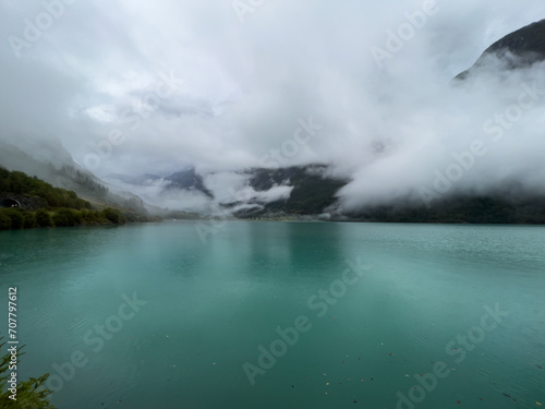 Autumn landscape in Briksdalbreen glacier valley in South Norway  Europe.