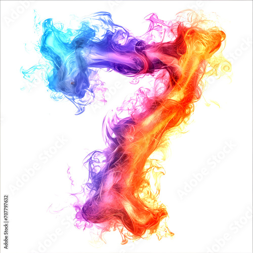 A colorful, flames numeral 7 on a white background. Ai generated.