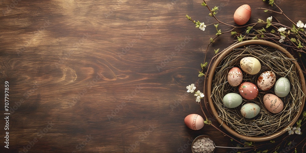 Colorful easter eggs in nest with spring blooming branches on rustic wooden background. Top view with copy space

 - obrazy, fototapety, plakaty 