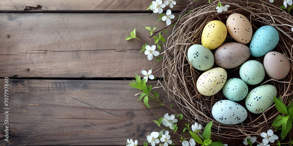Colorful easter eggs in nest with spring blooming branches on rustic wooden background. Top view with copy space

