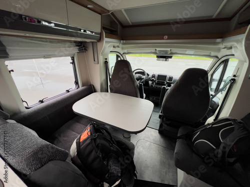 Interior of a four person motorhome camper van in Norway, Europe