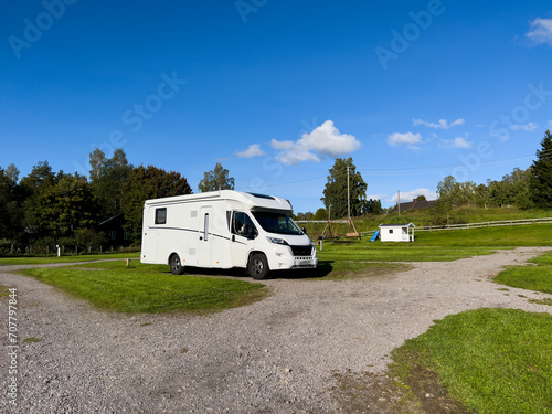 Motorhome camper in a campsite near Oslo, south Norway. Europe