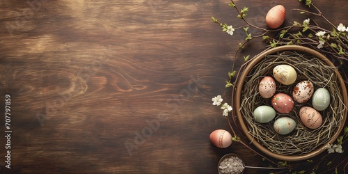 Colorful easter eggs in nest with spring blooming branches on rustic wooden background. Top view with copy space

 photo