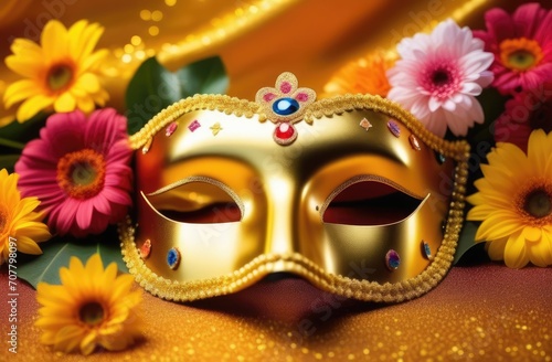 Golden Bright Carnival Eye Mask on Bright Background