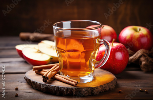 A glass glass of refreshing, cool apple cider with apples and cinnamon on a rustic wooden table.