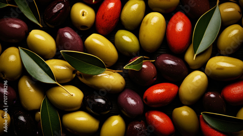 Various types of olives background. View from above. Mediterranean cuisine. Generative AI