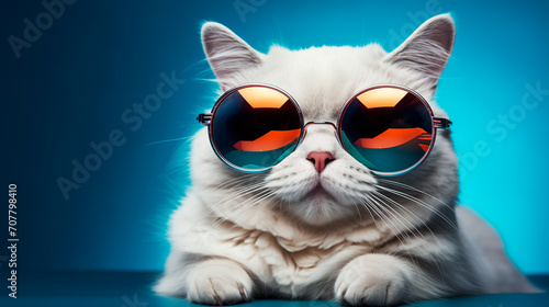 Serious cat in sunglasses on monochrome background. © Алекс Ренко