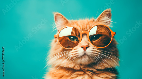 Serious cat in sunglasses on monochrome background.