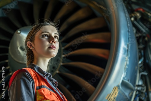 Female apprentice aircraft maintenance engineer work underneath jet engine 