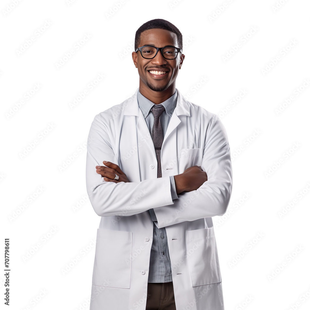 Front view of an extremely handsome black african male model dressed as a Scientist smiling with arms folded, isolated on a white transparent background. Front view of an extremely handsome black african male model dressed as a Scientist smiling with arms folded, isolated on a white transparent background.