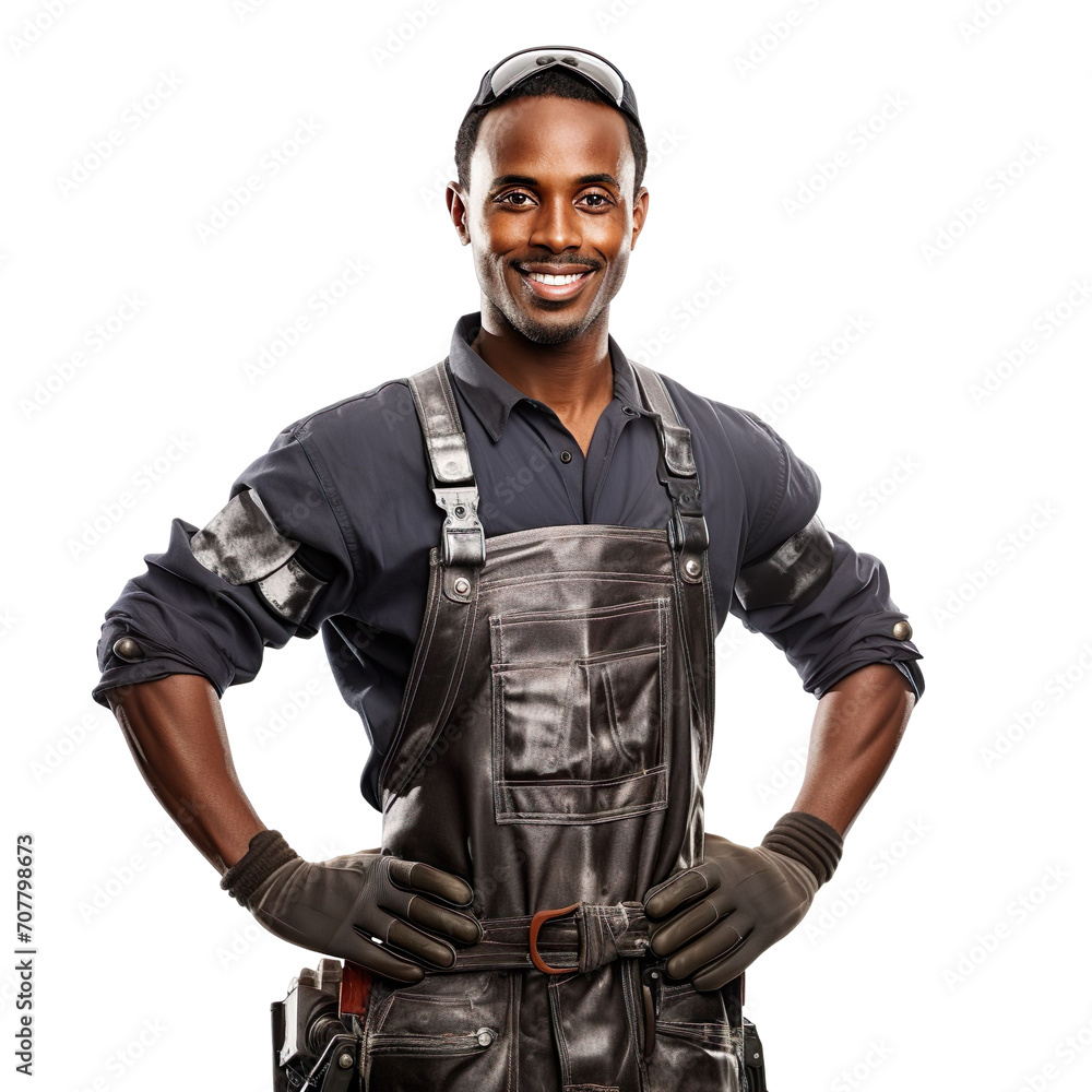 Front view of an extremely handsome black african male model dressed as a Welder smiling with arms folded, isolated on a white transparent background. Front view of an extremely handsome black african male model dressed as a Welder smiling with arms folded, isolated on a white transparent background.