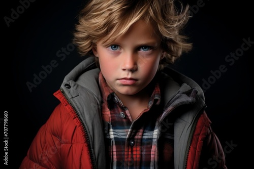 Portrait of a boy in a red jacket on a black background.
