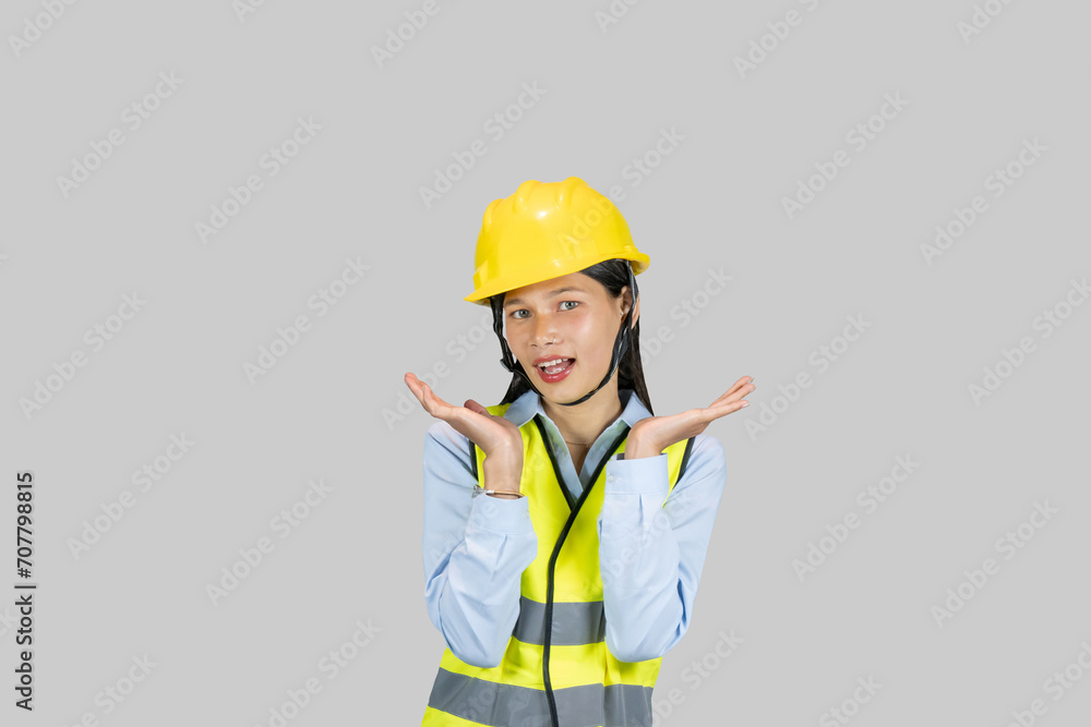 Female Asian Construction Worker and Engineer giving expressions and gestures of happiness and excitement Female Asian Construction Worker and Engineer giving expressions and gestures of happiness and excitement