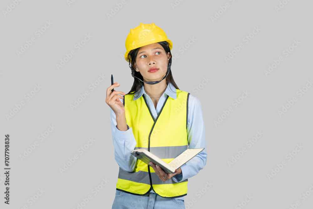 Indian Nepalese Asian Construction Engineer with chartboard and notebook gives expressions, gestures Indian Nepalese Asian Construction Engineer with chartboard and notebook gives expressions, gestures