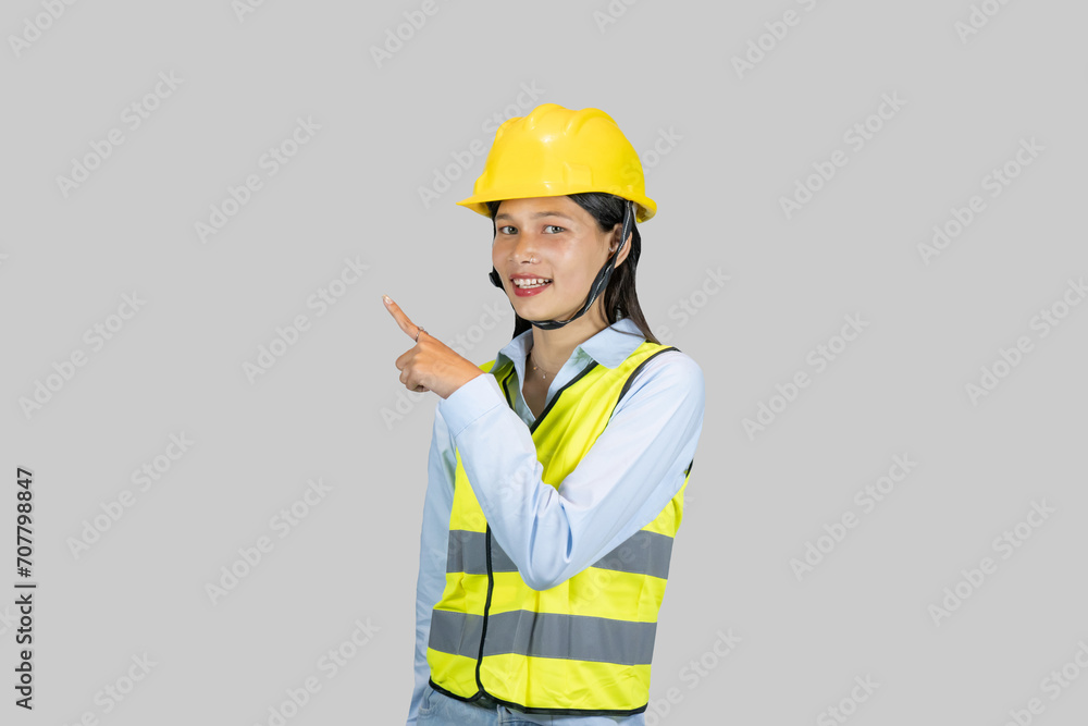 Female Asian Construction Worker and Engineer giving expressions and gestures of happiness and excitement Female Asian Construction Worker and Engineer giving expressions and gestures of happiness and excitement