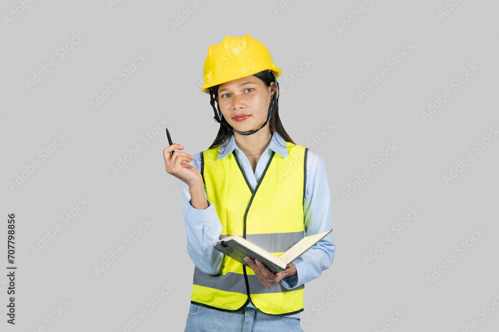 Indian Nepalese Asian Construction Engineer with chartboard and notebook gives expressions, gestures Indian Nepalese Asian Construction Engineer with chartboard and notebook gives expressions, gestures