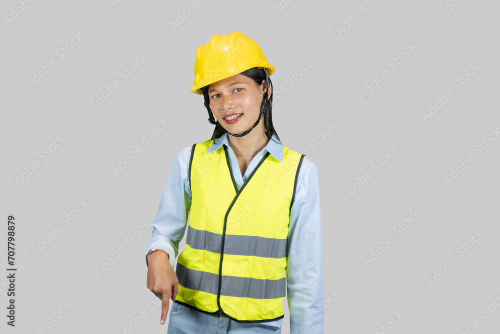 Female Asian Construction Worker and Engineer giving expressions and gestures of happiness and excitement Female Asian Construction Worker and Engineer giving expressions and gestures of happiness and excitement