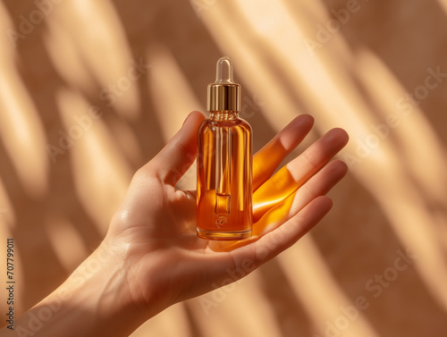 Close up of glass bottle with dropper lid mockup in female hands, cosmetic product serum on brown background with sunlight