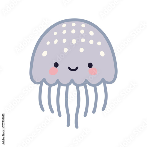 Vector cartoon illustration of a gray jellyfish with white speckles, which makes it smile and blush.