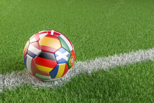 Soccer ball with the flags of several of the countries qualified for the European Championship in 2024 in Germany.