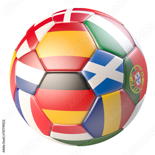 Soccer ball with the flags of several of the countries qualified for the European Championship in 2024 in Germany. Isolated on transparent backgrpund