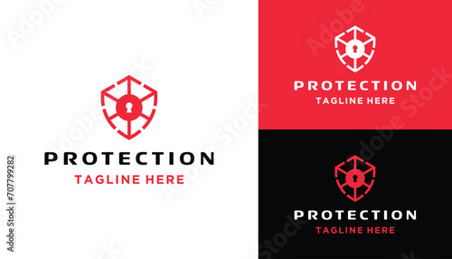 Modern Shield Emblem with Padlock Key for Guard Security Protection Logo Design 