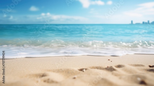 Soft focus on tropical beach with waves and clear sky. Travel and vacation.