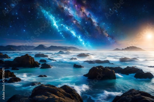 In the vastness of the cosmic ocean, astral waves of shimmering stardust cascade across an unseen celestial shore.
