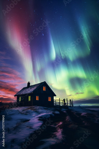 colored night sky and wooden house near winter snowy forest, landscape beauty of nature