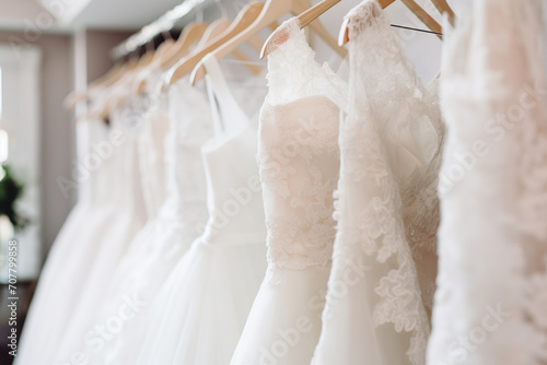 Beautiful elegant white wedding dresses hanging on hanger in bridal shop salon