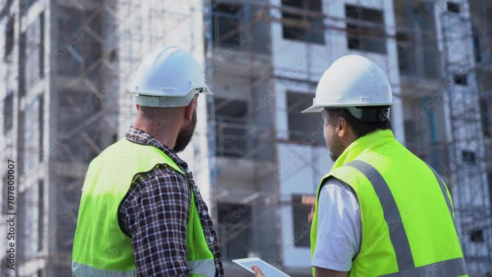 team of Construction workers Senior architect or civil engineer and foreman walking and discussion to inspection or checking structure apartment with tablet at construction site. building project team of Construction workers Senior architect or civil engineer and foreman walking and discussion to inspection or checking structure apartment with tablet at construction site. building project