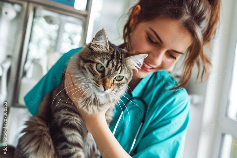 A beautiful female vet nurse doctor examining a cute happy cat making medical tests in a veterinary clinic. animal pet health checkup.