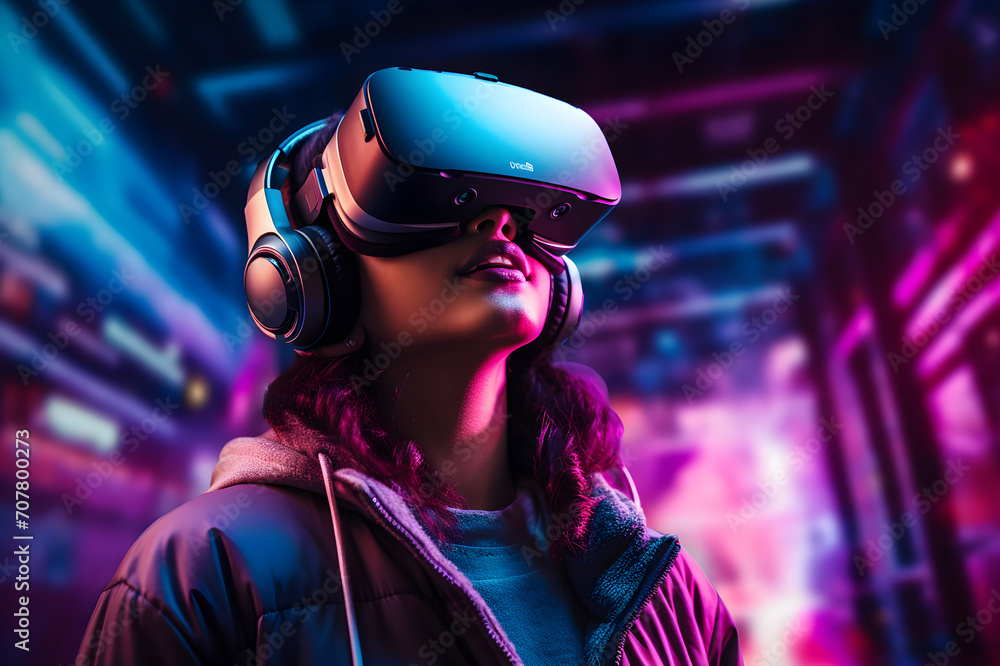 Portrait of a young woman using virtual reality headset. Future technology concept. Portrait of a young woman using virtual reality headset. Future technology concept.