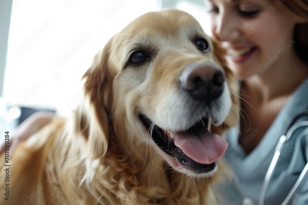 A beautiful female vet nurse doctor examining a cute happy golden
