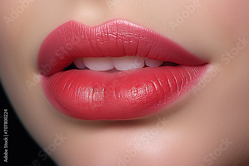 close up horizontal view of female lips with pink lipstick AI generated