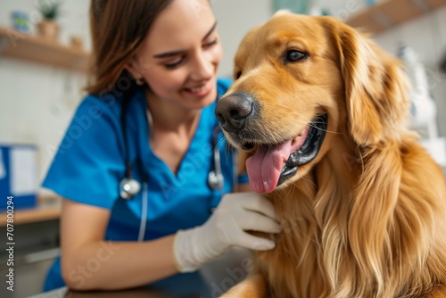 A beautiful female vet nurse doctor examining a cute happy golden retriever dog making medical tests in a veterinary clinic. animal pet health checkup.