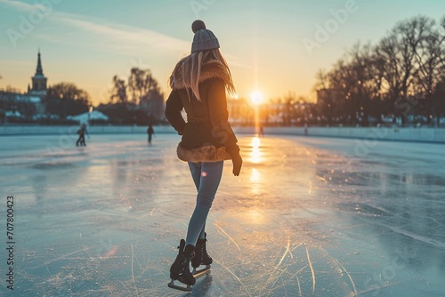 A beautiful woman ice skating on ice rink in winter at sunset outside.
