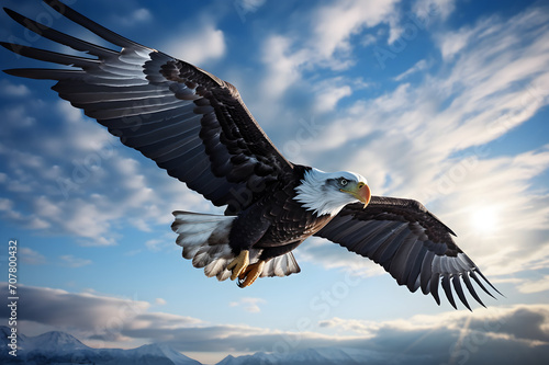 Bald Eagle flying in the sky with mountains background. 3d render © gographic