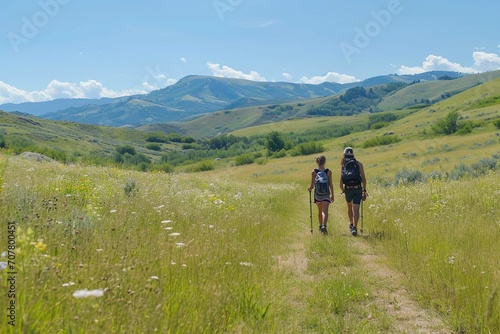 A candid photo of a family and friends hiking together in the mountains in the vacation trip week. sweaty walking in the beautiful American nature. fields and hills with grass