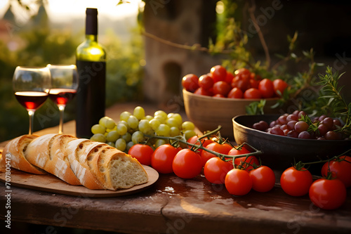 Tomatoes, wine and bread on wooden table in vineyard.
