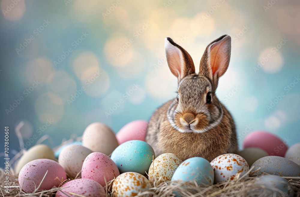 Cute brown rabbit sitting with pastel colored eggs, blurred background for card and Easter banner. Bunny looking straight forward. Cute brown rabbit sitting with pastel colored eggs, blurred background for card and Easter banner. Bunny looking straight forward.