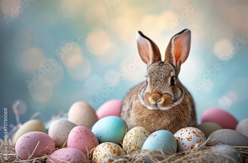 Cute brown rabbit sitting with pastel colored eggs, blurred background for card and Easter banner. Bunny looking straight forward.