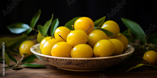 yellow olives in a bowl, Seasonal yellow plum on wooden, A bag of fruit with the word " on it, Freshly picked yellow plum on a wooden background with copy space. generative AI


