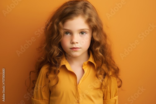 Cute little girl with long curly hair in yellow shirt on orange background
