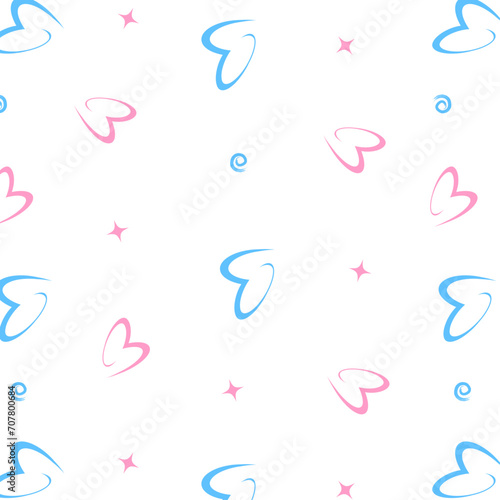seamless vector pattern with pink and blue hearts, as well as blue swirls and pink stars